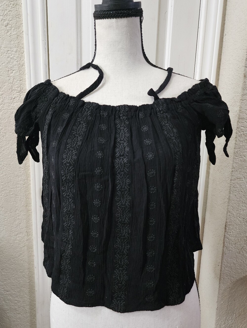 by & by Black Off-Shoulder Embroidered Crop Top